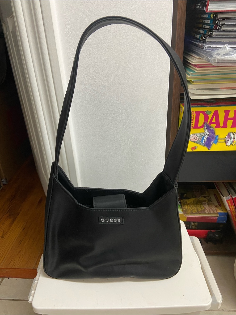 GUESS Black Nylon Shoulder Bag Y2K Minimal Baguette Purse Small Handbag